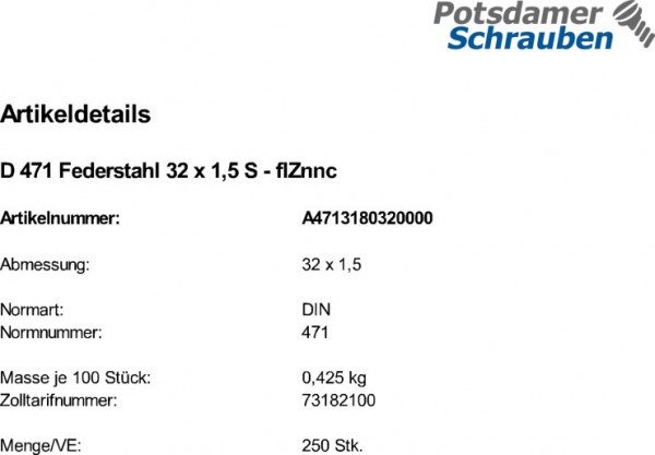 250 Sicherungsringe DIN 471 zinklamellenbeschichtet 32x1,5