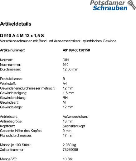 10 Verschlussschrauben DIN 910 A4 M12x1,5 V4A Edelstahl