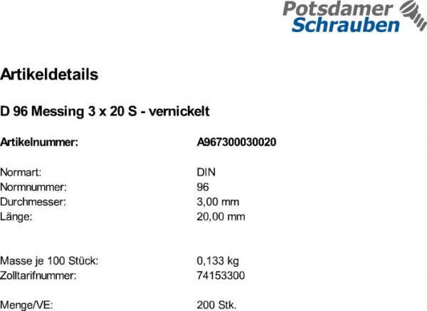 200 Halbrundkopf Holzschrauben DIN 96 Messing vernickelt 3x20