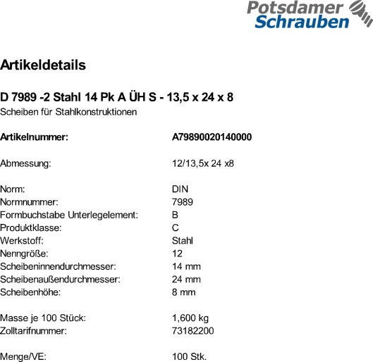 100 Scheiben DIN 7989 -2 Stahl 14 Pk A ÜH 13,5x24x8