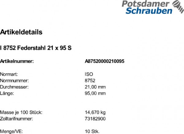 10 Spannstifte ISO 8752 Federstahl 21x95