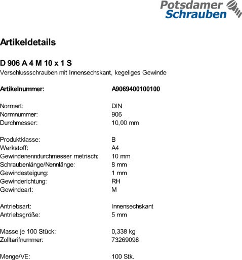 100 Verschlußschrauben DIN 906 A4 M10x1 V4A Edelstahl