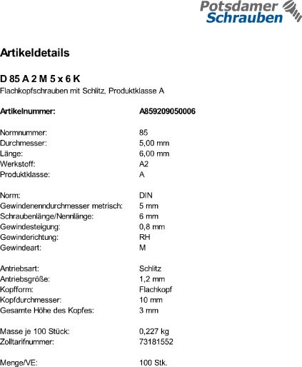 100 Edelstahl V2A Flachkopfschrauben DIN 85 A2 M5x6