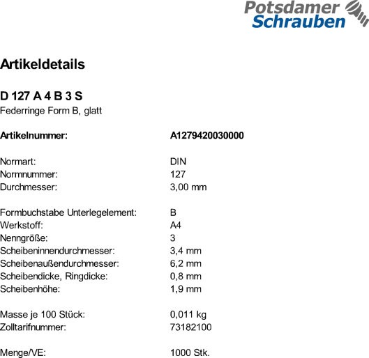 1000 Edelstahl V4A Federringe DIN 127 A4 Form B M3