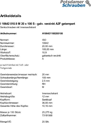 25 Innensechskant Senkkopfschrauben eh. DIN 7991 10.9 verzinkt M20x100