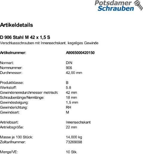10 Verschlußschrauben DIN 906 Stahl M42x1,5
