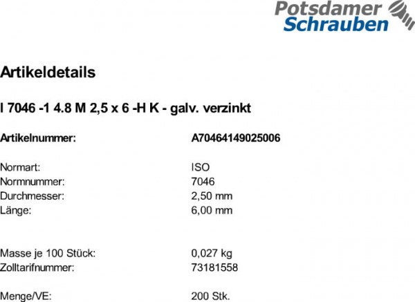 200 Krz. Senkkopfschrauben ISO 7046 -1 4.8 -H verzinkt M2,5x6
