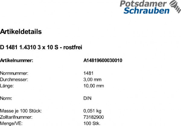 100 Edelstahl Spannstifte DIN 1481 1.4310 3x10