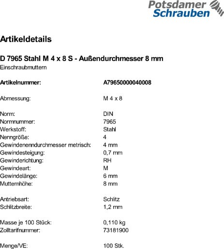 100 Einschraubmuttern DIN 7965 Stahl M4x8 Außendurchmesser 8 mm