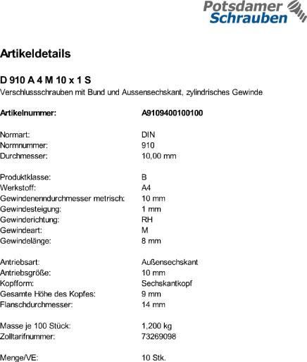 10 Verschlussschrauben DIN 910 A4 M10x1 V4A Edelstahl