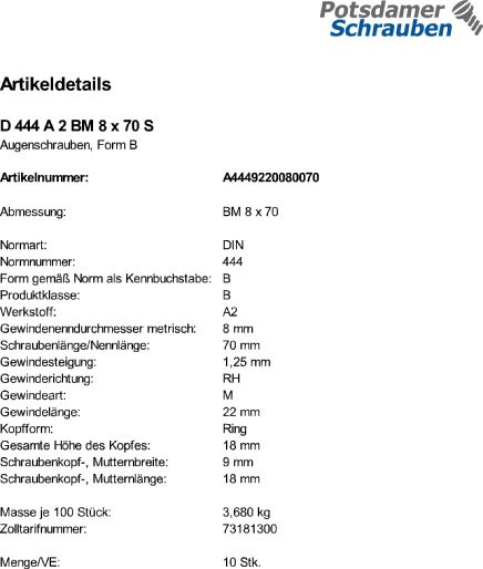 10 Edelstahl V2A Augenschrauben DIN 444 A2 BM8x70