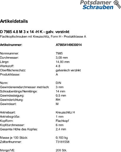 200 Kreuzschlitz Linsenschrauben DIN 7985 4.8 verzinkt -H M3x14