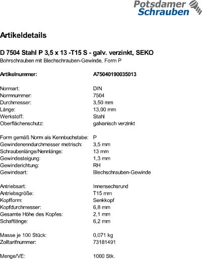 1000 Senkkopf Torx Bohrschrauben DIN 7504 verzinkt P 3,5x13 TX