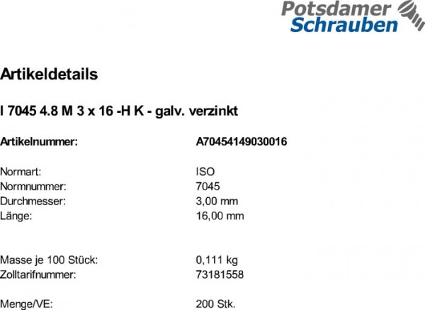 200 Krz. Linsenkopfschrauben ISO 7045 4.8 -H verzinkt M3x16