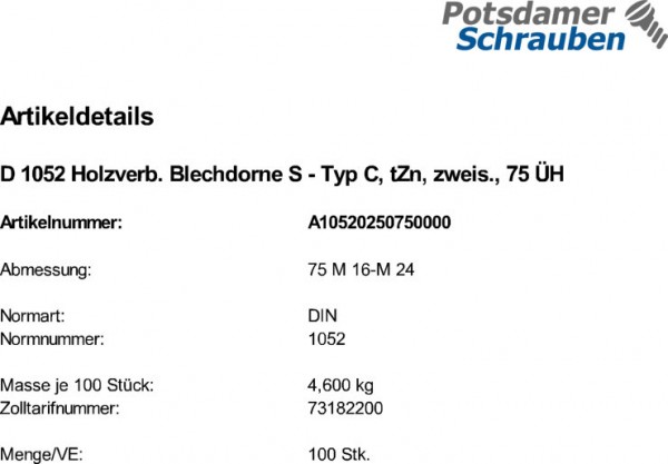 100 Holzverbinder DIN 1052 Blechdorne Typ C, tZn 75