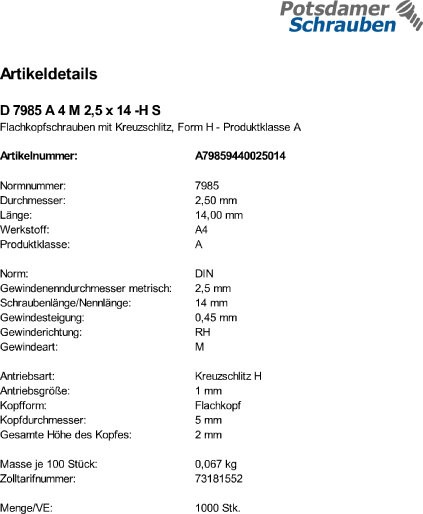 1000 Edelstahl V4A Kreuzschlitz Linsenschrauben DIN 7985 A4 -H M2,5x14