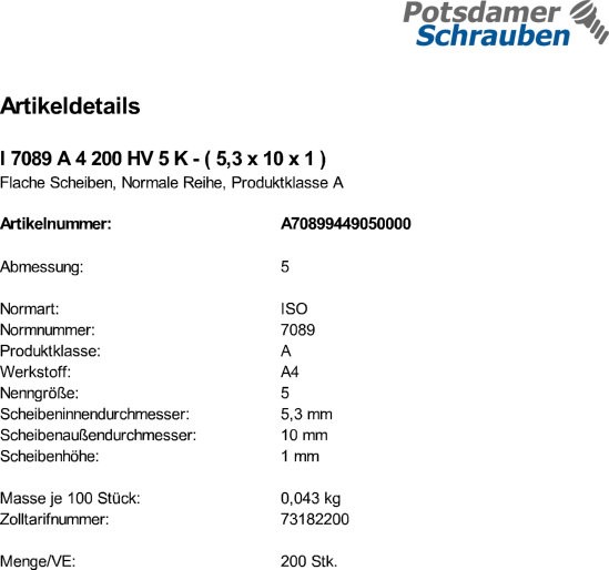 200 Edelstahl V4A Unterlegscheiben ISO 7089 A4 M5 ( 5,3x10x1 )
