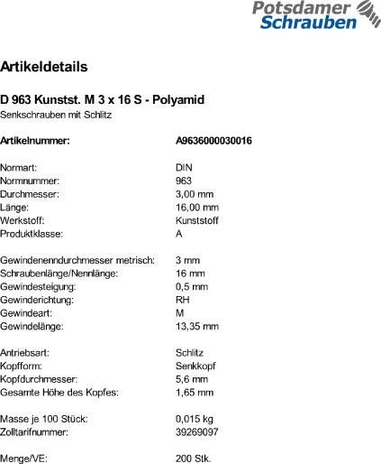 200 Schlitz Senkschrauben DIN 963 Polyamid M3x16