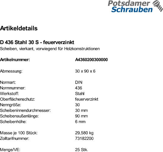 25 Scheiben DIN 436 feuerverzinkt 30