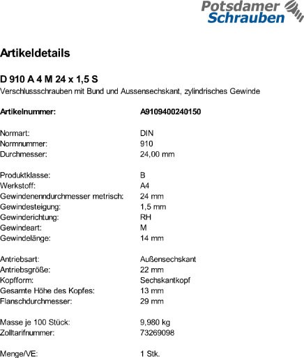 1 Verschlussschrauben DIN 910 A4 M24x1,5 V4A Edelstahl
