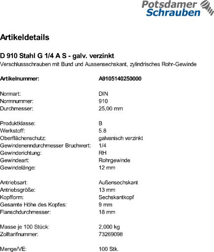 100 Verschlussschrauben DIN 910 Stahl G 1/4 A verzinkt