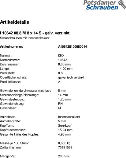 200 Innensechskant Senkkopfschrauben eh. DIN 7991 8.8 verzinkt M8x14