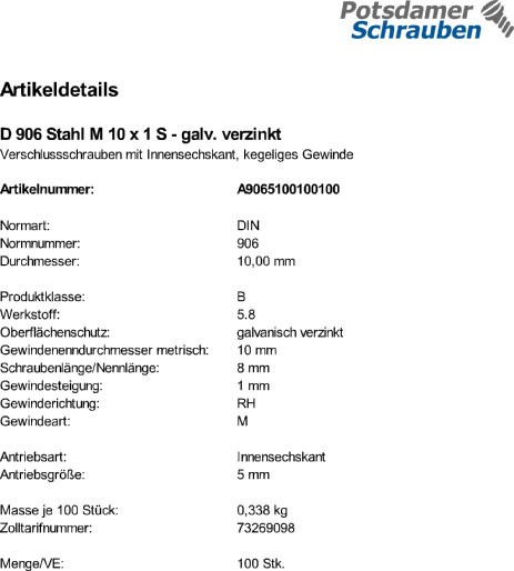 100 Verschlußschrauben DIN 906 Stahl M10x1 verzinkt