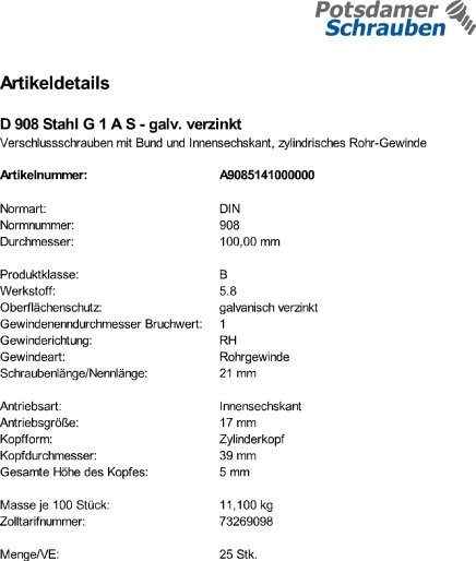 25 Verschlußschrauben DIN 908 Stahl G 1 A verzinkt