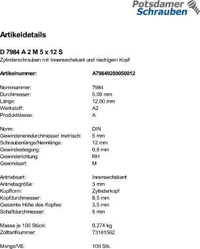 100 Edelstahl V2A Innensechskant Zylinderkopfschrauben niedrig DIN 7984 A2 M5x12