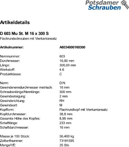 25 Schloßschrauben + Mutter DIN 603 M16x300