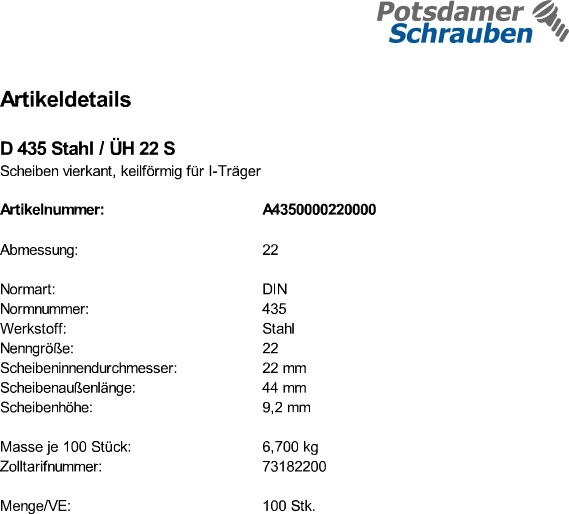 100 I-Scheiben DIN 435 Stahl / ÜH 22