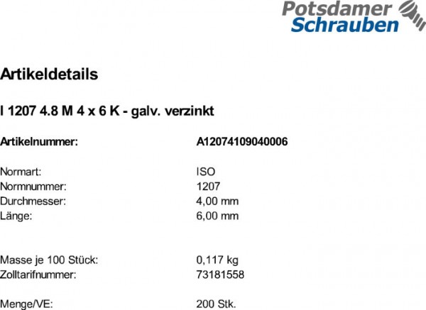 200 Schlitz Zylinderschrauben ISO 1207 4.8 verzinkt M4x6