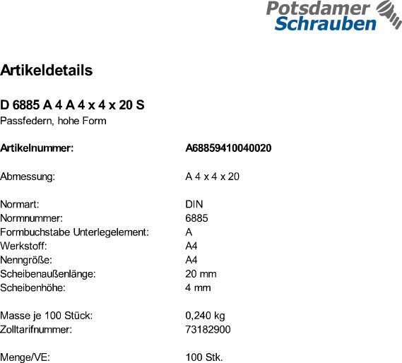 100 Passfedern DIN 6885 A4 A 4x4x20 V4A Edelstahl