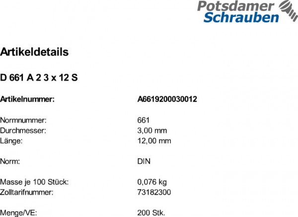 200 Edelstahl V2A Senknieten DIN 661 A2 3x12