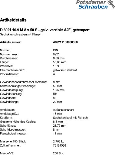 200 Sechskant Flanschschrauben DIN 6921 10.9 verzinkt M8x50