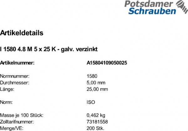 200 Flachkopfschrauben ISO 1580 4.8 M5x25 verzinkt Stahl