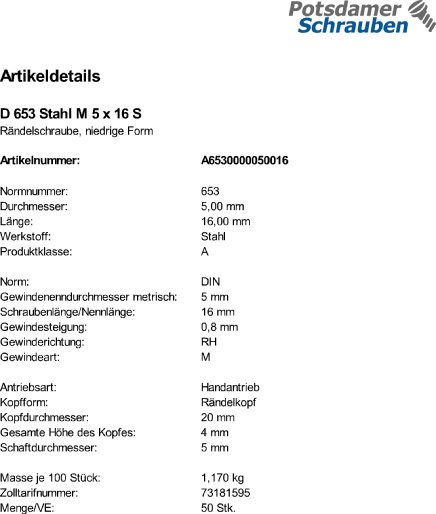 50 Rändelschrauben DIN 653 Stahl M5x16