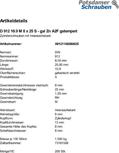 200 Innensechskant Zylinderkopfschrauben DIN 912 10.9 verzinkt M8x25