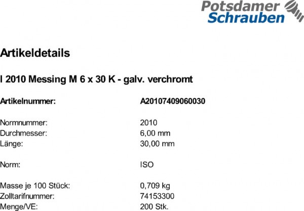 200 Linsensenkschrauben ISO 2010 Messing verchromt M6x30