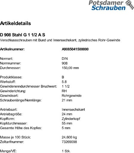 1 Verschlußschrauben DIN 908 Stahl G 1 1/2 A
