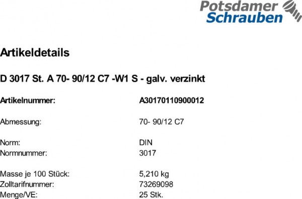 25 Schlauchschellen DIN 3017 A 70- 90/12 C7 -W1 verzinkt Zn