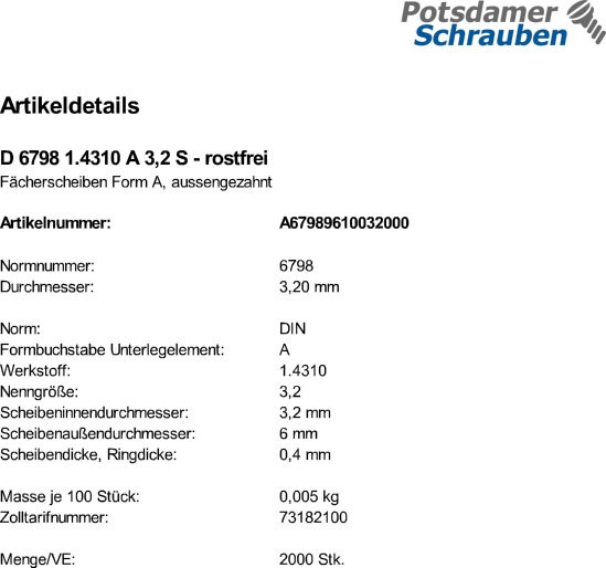 2000 Edelstahl Fächerscheiben DIN 6798 1.431 Form A 3,2 Ø M3