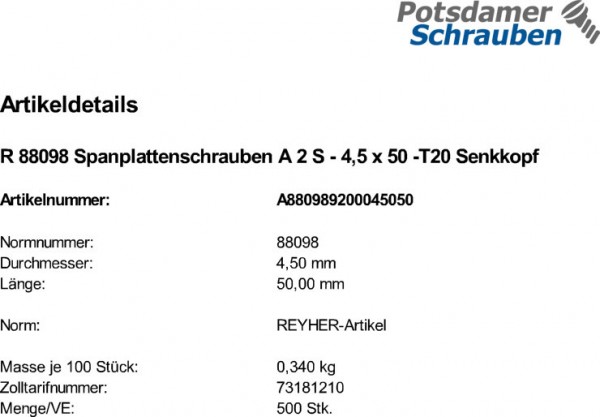 500 Edelstahl V2A Senkkopf Spanplattenschrauben A2 TX 4,5x50 TORX