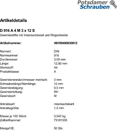 500 Edelstahl Inbus Gewindestifte DIN 916 A4 M3x12