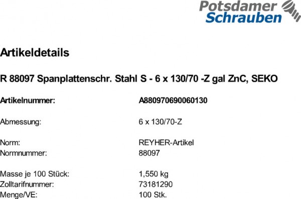 100 Senkkopf Spanplattenschrauben gelb verzinkt -Z 6x130 /70