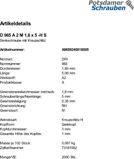 2000 Edelstahl V2A Kreuzschlitz Senkschrauben DIN 965 A2 -H M1,6x5