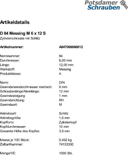 1000 Schlitz Zylinderschrauben DIN 84 Messing M6x12
