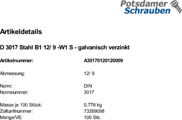 100 Schlauchschellen DIN 3017 Stahl B1 12/ 9 -W1 verzinkt Zn
