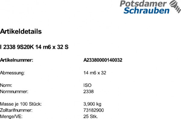 25 Zylinderstifte ISO 2338 Stahl 9S20K 14 m6 x 32