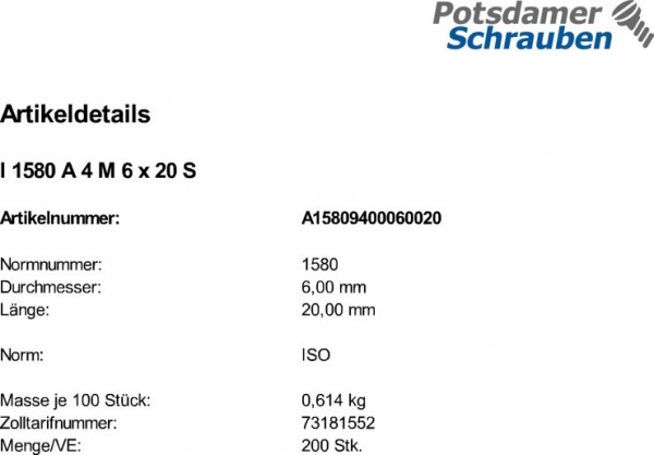 200 Flachkopfschrauben ISO 1580 A4 M6x20 V4A Edelstahl